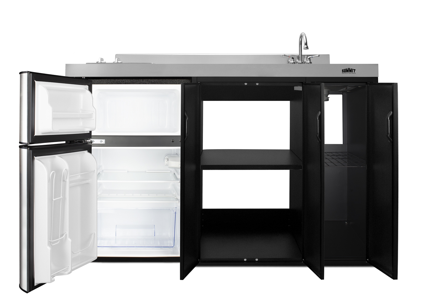54 inch wide all-in-one kitchenette in black with a removable 2-burner 115V smooth top cooktop, 2-door refrigerator-freezer, sink, and two storage cabinets